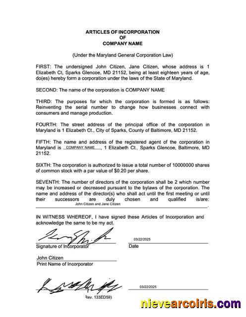 USA Maryland articles of incorporation